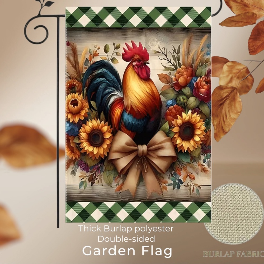 Garden flag, 12” x 18”, chicken/rooster, thick burlap polyester double-sided